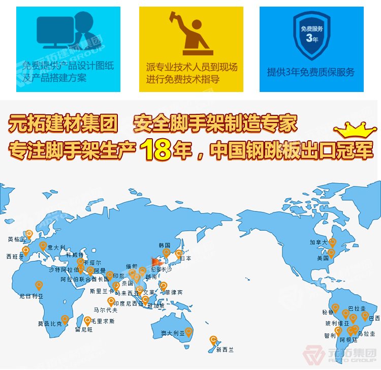 元拓建材集團(tuán)，安全腳手架制造專家！專注腳手架生產(chǎn)18年，中國鋼跳板出口冠軍！